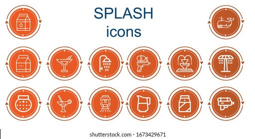 Editable 14 iconos de presentación para web y móvil. Conjunto de salpicaduras incluye íconos línea Leche, Ballena, Martini, Ducha, cañón de agua, Fuente, Sprinkler, Jug