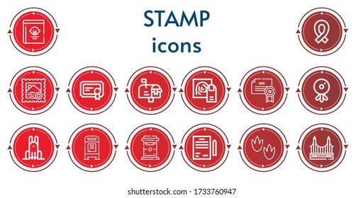 Editable 14 stamp icons for web and mobile. Set of stamp included icons line Guide book, Ribbon, Stamp, Certificate, Mailbox, Fingerprint, Webcam, Rabbit, Contract, Footprint