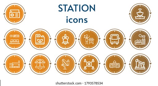 Bearbeitbare 14 Stationen Icons für Web und Mobile. Reihe von Stationen inklusive Icons Linie Radio, Antenna, Wartezimmer, Benzin, Bell, Gas, Bus, Fabrik, Bushaltestelle, Bergbau, Straßenbahn, Öl