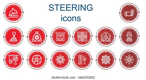 Editable 14 steering icons for web and mobile. Set of steering included icons line Dolphin, Game, Gearshift, Wheel, Garage, Mechanic, Mechanics, Helm, Console