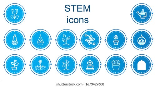 Editable 14 iconos de tallo para web y móvil. Juego de vástago incluido la línea Tulip, Watering lata, maní de maní, olla colgante, brote, ADN, planta