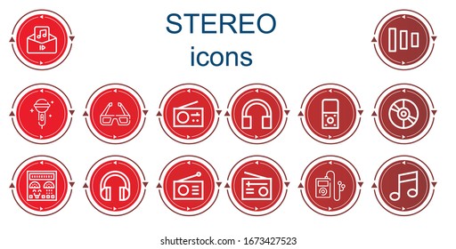 Editable 14 iconos estéreo para web y móvil. Conjunto de estéreo incluido iconos línea Audio, botones de Fade, Karaoke, d anteojos, Radio, auriculares, Grabador, Vinyl, Panel de control, Música