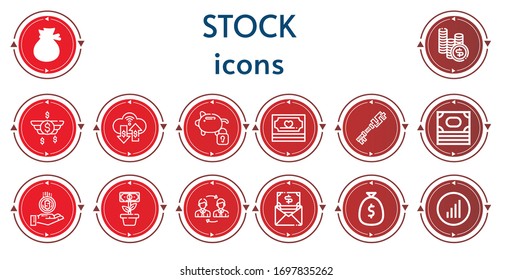 Editable 14 iconos de stock para web y móvil. Juego de acciones incluye iconos línea Money, Piggy bank, Investment, Coin, Growth, Exchange, Barras gráficas