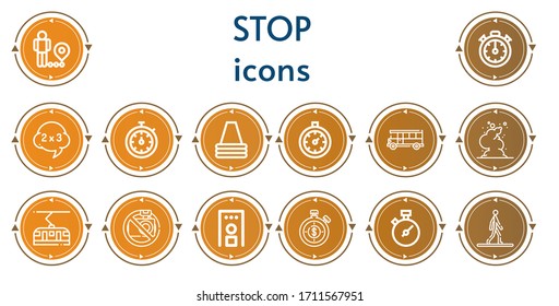 Bearbeitbare 14 Stopp-Icons für Web und Mobile. Set mit der Einstellung enthalten Symbole der Linie Einschränkung, Stopuhr, Problem, Stoppuhr, Stoppuhr, Kone, Bus, Rauch, Tram, Keine Kamera, Sicherheitsgate, Chronometer