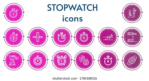 Editable 14 stopwatch icons for web and mobile. Set of stopwatch included icons line Stopwatch, Fitness, Gym, Stop watch, Hourglass, Alarm clock, Billiard, Watch