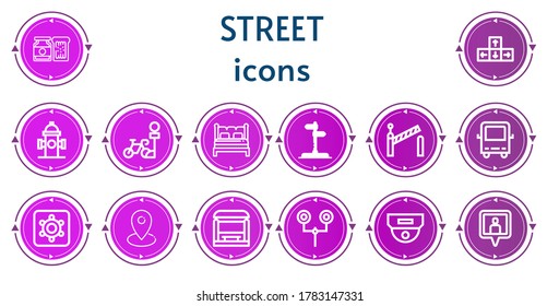 Editable 14 street icons for web and mobile. Set of street included icons line Jam, Direction, Hydrant, Parking, Bed, Street sign, Barrier, Bus, Hidden camera, Location, Bus stop