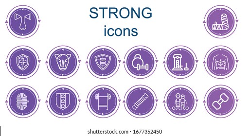 Editable 14 strong icons for web and mobile. Set of strong included icons line Chest expander, Arm, Shield, Rhino, Weightlifting, Strength, Abs, Rope, Bench press, Slavery, Dumbbell