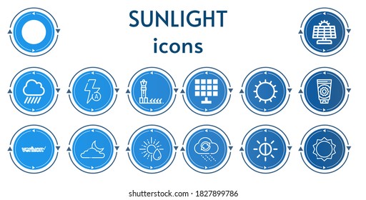 Editable 14 sunlight icons for web and mobile. Set of sunlight included icons line Sun, Solar panel, Rain, Auto flash, Sun cream, Verizon, Moon, Brightness