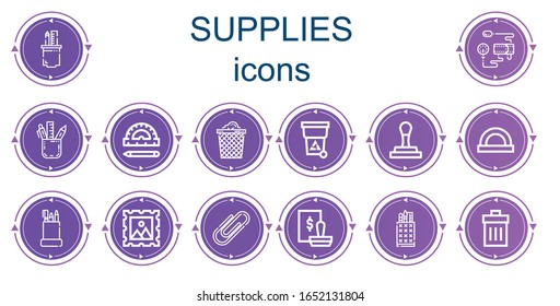Editable 14 iconos de suministros para web y móvil. El conjunto de suministros incluye iconos línea estuche de lápiz, manómetro de presión sanguínea, regla, lata de basura, basura, sello, tractor, clip