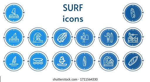 Editable 14 surf icons for web and mobile. Set of surf included icons line Windsurf, Surfboard, Skimboard, Surfing, Surfer, Wakeboarding, Surf, board, Tsunami