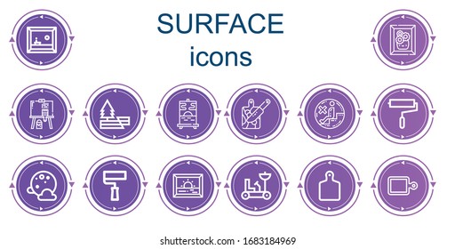 Editable 14 surface icons for web and mobile. Set of surface included icons line Painting, Earthquake, Cutting board, No sitting, Paint roller, Full moon, Moon rover