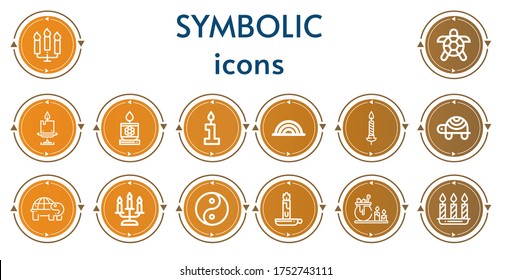 Editable 14 symbolic icons for web and mobile. Set of symbolic included icons line Candles, Turtle, Candle, Rainbow, Yin yang