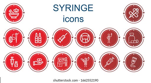 Iconos editables de 14 jeringas para web y móvil. Conjunto de jeringas incluidas línea de iconos Mortar, Aguja, Jeringa, Medicina, Enfermera, Vacuna, Veterinaria