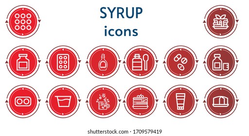 Editable 14 syrup icons for web and mobile. Set of syrup included icons line Caramel, Pancake, Drug, Syrup, Drugs, Pancakes, Ointment, Sponge cake