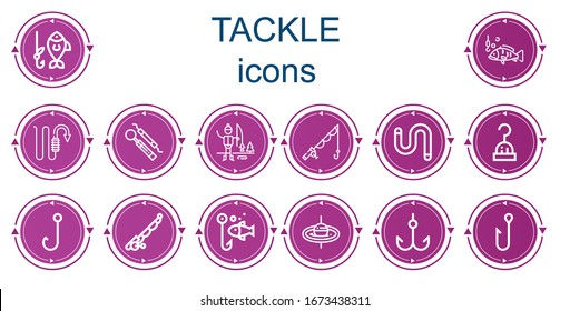 Editable 14 tackle icons for web and mobile. Set of tackle included icons line Fishing, Hook, Ice fishing, Worm, Fishing rod