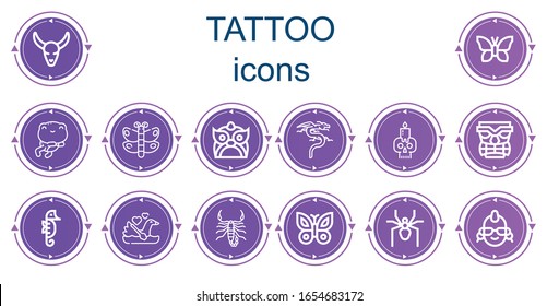 Editable 14 tattoo icons for web and mobile. Set of tattoo included icons line Bull skull, Butterfly, Frog, Dragon, Skull, Tiki, Seahorse, Swan, Scorpion, Spider, Punk