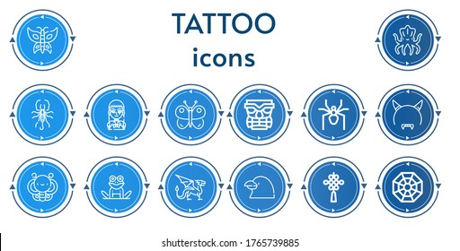 Editable 14 Tattoo Icons For Web And Mobile. Set Of Tattoo Included Icons Line Butterfly, Kraken, Scorpion, Gothic, Tiki, Spider, Devil Mask, Frog, Dragon, Raven, Chinese Knot