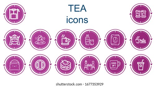 Editable 14 tea icons for web and mobile. Set of tea included icons line Well, Coffee cup, Samurai, Sauna, Tea, Drink, Coffee, Soda, Pancake, Fast food, Mug, Smoothie