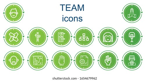 Editable 14 iconos de equipo para web y móvil. Conjunto de equipos incluidos íconos línea Man, Hands, Teamwork, Paintball, Training, Hierarchy, Avatar, Basketball, Strategy, Hand, Management