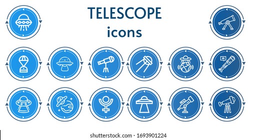 Editable 14 telescope icons for web and mobile. Set of telescope included icons line Ufo, Telescope, Space capsule, Ovni, Sputnik, Pluto