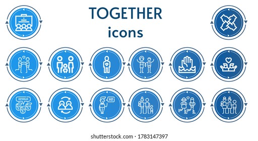 Editable 14 together icons for web and mobile. Set of together included icons line Team, Teamwork, Couple, Family, Friend, Help, Friends, Greeting