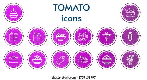 Editable 14 tomato icons for web and mobile. Set of tomato included icons line Burger, Fruit, Sauce, Ketchup, Salad, Fruits, Scarecrow, Radish, Eggplant, Tomato, Asparagus