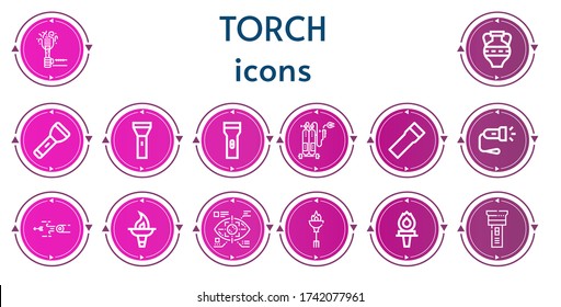 Editable 14 iconos de antorcha para web y móvil. El conjunto de antorchas incluía iconos línea Antorcha, Amphora, Lámpara, Soldadura, Blowpipe, Toco ocular