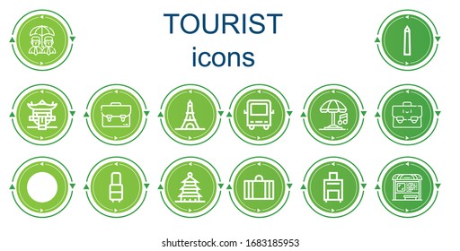 Editable 14 tourist icons for web and mobile. Set of tourist included icons line Umbrella, National mall, Pagoda, Suitcase, Eiffel tower, Bus, Tent, Luggage, Bus stop