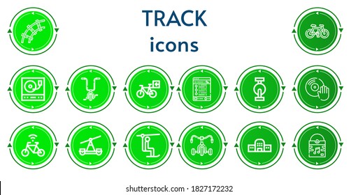 Editable 14 track icons for web and mobile. Set of track included icons line Railway, Bicycle, Turntable, Tracking, Pedal, Vinyl, Train, Chairlift, Train station