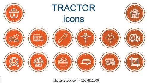 Editable 14 tractor icons for web and mobile. Set of tractor included icons line Mining, Barn, Cement truck, Trailer, Blower, Scarecrow, Garbage truck, Vehicle, Harvest, Dumper