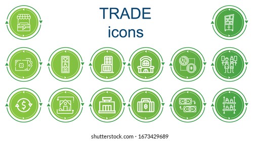 Editable 14 trade icons for web and mobile. Set of trade included icons line Stand, Shelf, Tag, Shopping center, Mall, Bitcoin, Trade, Currency exchange, Exchange