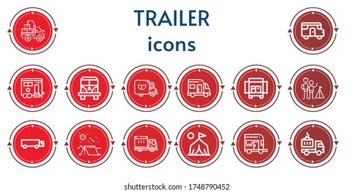 Editable 14 trailer icons for web and mobile. Set of trailer included icons line Truck, Caravan, Trailer, Van, Camping, Cargo truck, Lorry, Camp, Delivery truck