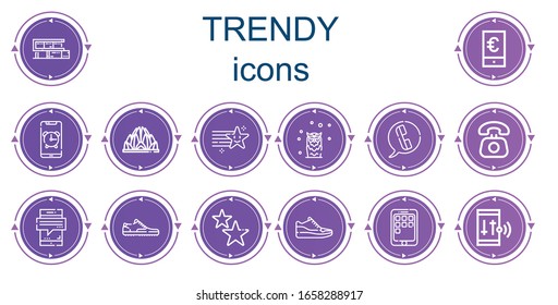 Editable 14 íconos de moda para web y móvil. Conjunto de íconos de moda incluidos línea Hogar, Smartphone, templo Lotus, Estrella, Lechuza, Teléfono, Despertador, Estrellas, Sneakers, Teléfono