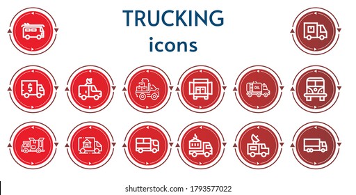 Editable 14 íconos de camiones para web y móvil. Conjunto de camiones incluidos los iconos línea Van, camión de reparto, Camión
