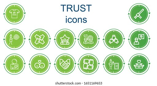 Editable 14 trust icons for web and mobile. Set of trust included icons line Best friend, Baton, Modesty, Teamwork, Friend, Friends, Handshake, Safety box