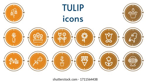 Editable 14 iconos de tulipán para web y móvil. Conjunto de iconos incluidos en el tulipán línea Flor, maceta de flor, Flores, Holanda, cesta de flor