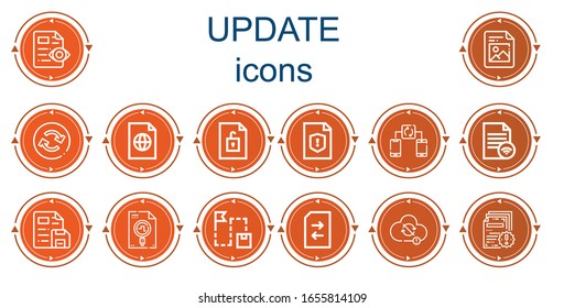 Editable 14 update icons for web and mobile. Set of update included icons line File, Reload, Synchronize, Route, Change, Sync