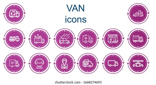 Editable 14 iconos de camioneta para web y móvil. Conjunto de camioneta con iconos Línea de coche de basura, coche de recolección, Coche, Entrega, Camión, Ambulancia, Trailer, Coche, Vincent van gogh, Hippie