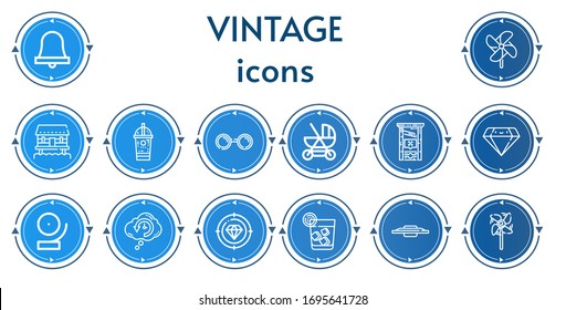 Editable 14 vintage icons for web and mobile. Set of vintage included icons line Bell, Windmill, Cabin, Ice coffee, Sunglasses, Baby carriage, Guillotine, Diamond, Retrocognition