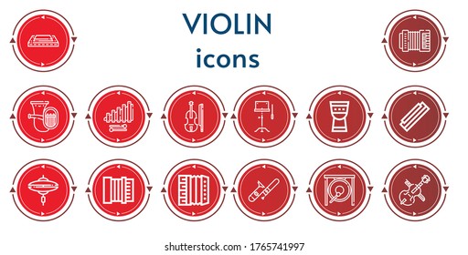 Editable 14 violin icons for web and mobile. Set of violin included icons line Harmonica, Accordion, Tuba, Xylophone, Violin, Orchestra, Timpani, Cymbal, Trombone, Gong, Cello