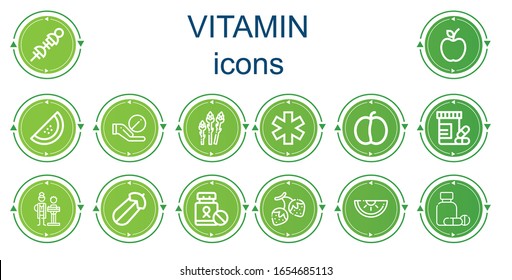 Editable 14 vitamin icons for web and mobile. Set of vitamin included icons line Vegetables, Apple, Watermelon, Pill, Asparagus, Medicine, Plum, Vitamins, Nutritionist, Courgette