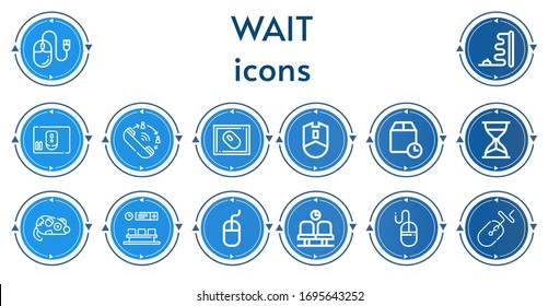 Editable 14 wait icons for web and mobile. Set of wait included icons line Mouse, Queue, Wait time, Hourglass, Waiting room
