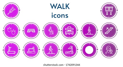 Editable 14 walk icons for web and mobile. Set of walk included icons line Crutch, Crutches, Footprint, Step, Mother, Walker, Walking, Stairs, Treadmill, Pedestrian