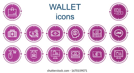 Editable 14 iconos de cartera para web y móvil. Conjunto de monederos incluidos íconos línea Comprar, Efectivo, Bitcoin, Dinero, Línea, Tienda en línea, Banco, Compras en línea