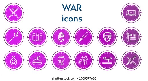 Editable 14 iconos de guerra para web y móvil. Conjunto de guerra incluía íconos línea Lance, Tank, Sword, Bullets, Gauntlet, Arsenal, cañón de agua, Bomba, Submarino, Militar, Paintball, Katana