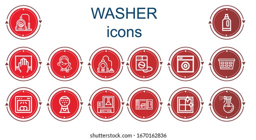 Editable 14 washer icons for web and mobile. Set of washer included icons line Vacuum, Detergent, Cleaning, Maid, Washing machine, Laundry, Dishwasher, Machine, Microwave oven