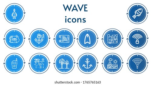 Editable 14 wave icons for web and mobile. Set of wave included icons line Fish, Anchor, Wifi, Surfboard, Cliff, Wifi signal, Walkie talkie, Beach, Wind, Hotspot
