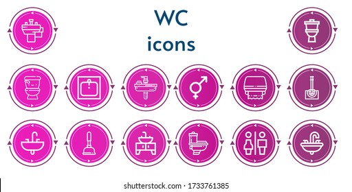 Editable 14 wc icons for web and mobile. Set of wc included icons line Basin, Toilet, Wc, Sink, Genders, Toilet paper, Toilet brush, Plunger, Restrooms