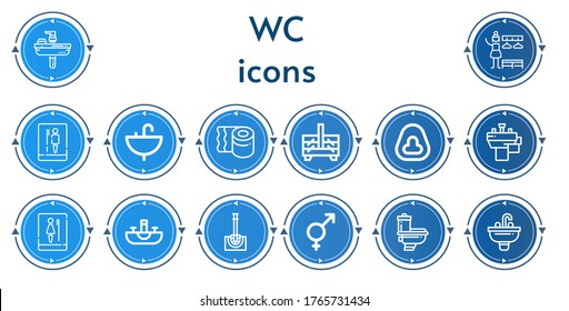 Editable 14 wc icons for web and mobile. Set of wc included icons line Sink, Changing room, Toilet, Toilet paper, Sewing box, Potty, Basin, Toilet brush, Genders