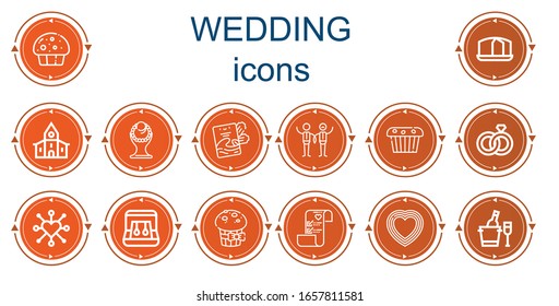 Editable 14 wedding icons for web and mobile. Set of wedding included icons line Muffin, Sponge cake, Church, Necklace, Invitation, Wedding, rings, Heart, Earrings, plans